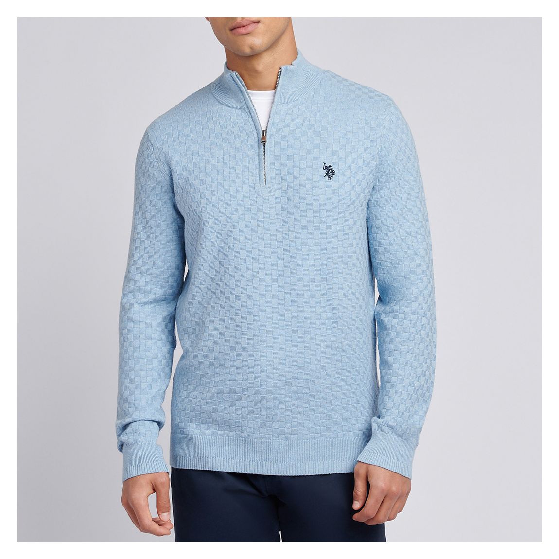 Blue 1/4 Zip Checkerboard Funnel Neck Jumper main product photo