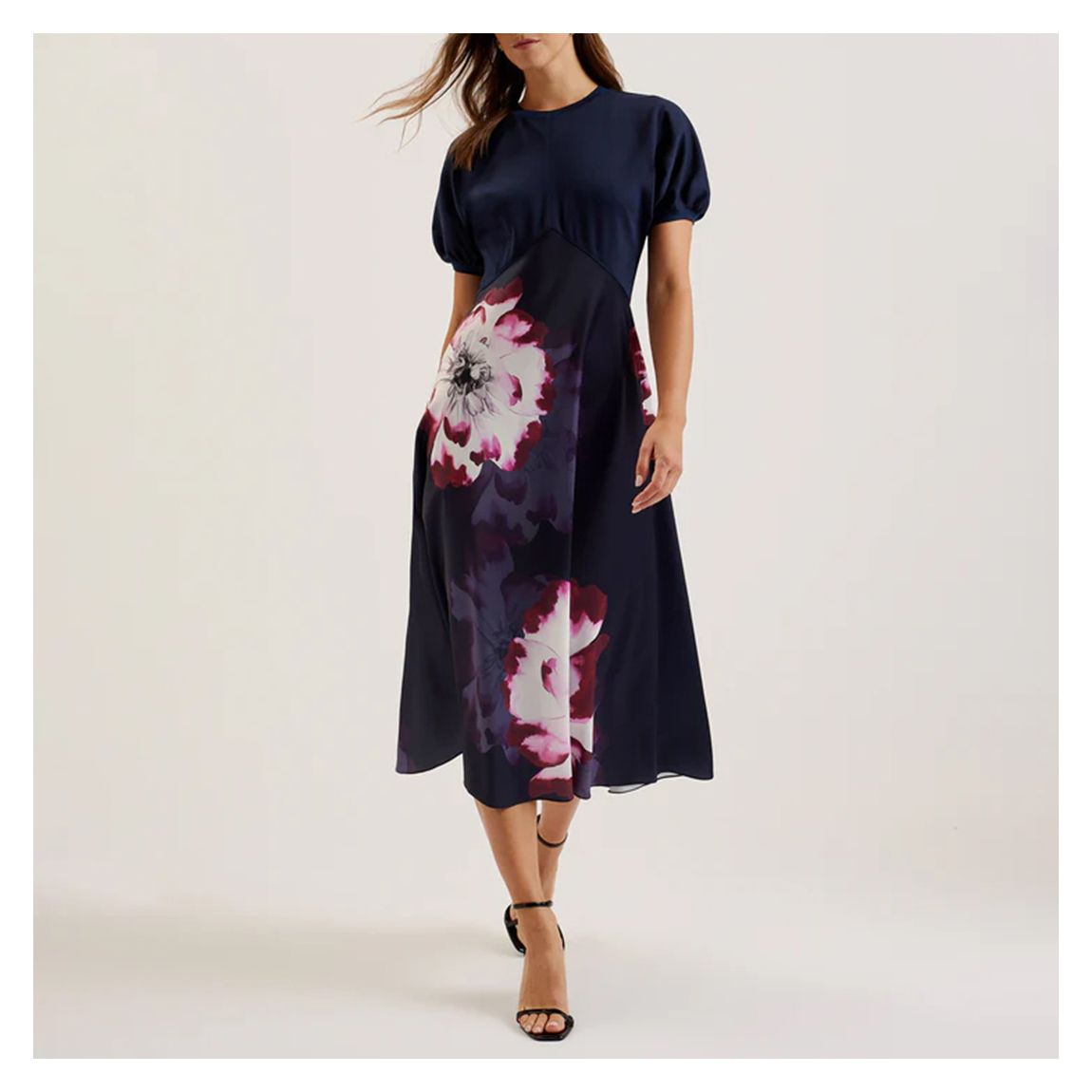 Navy Mitzic Ponte Bodice Printed Satin Dress main product photo