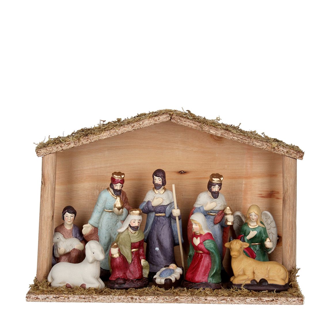 Ceramic Nativity Figures in Wood Stable Ornament main product photo