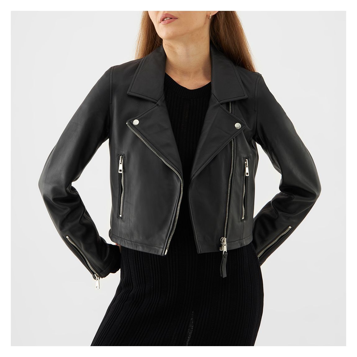 Black Minimal Leather Biker Jacket main product photo