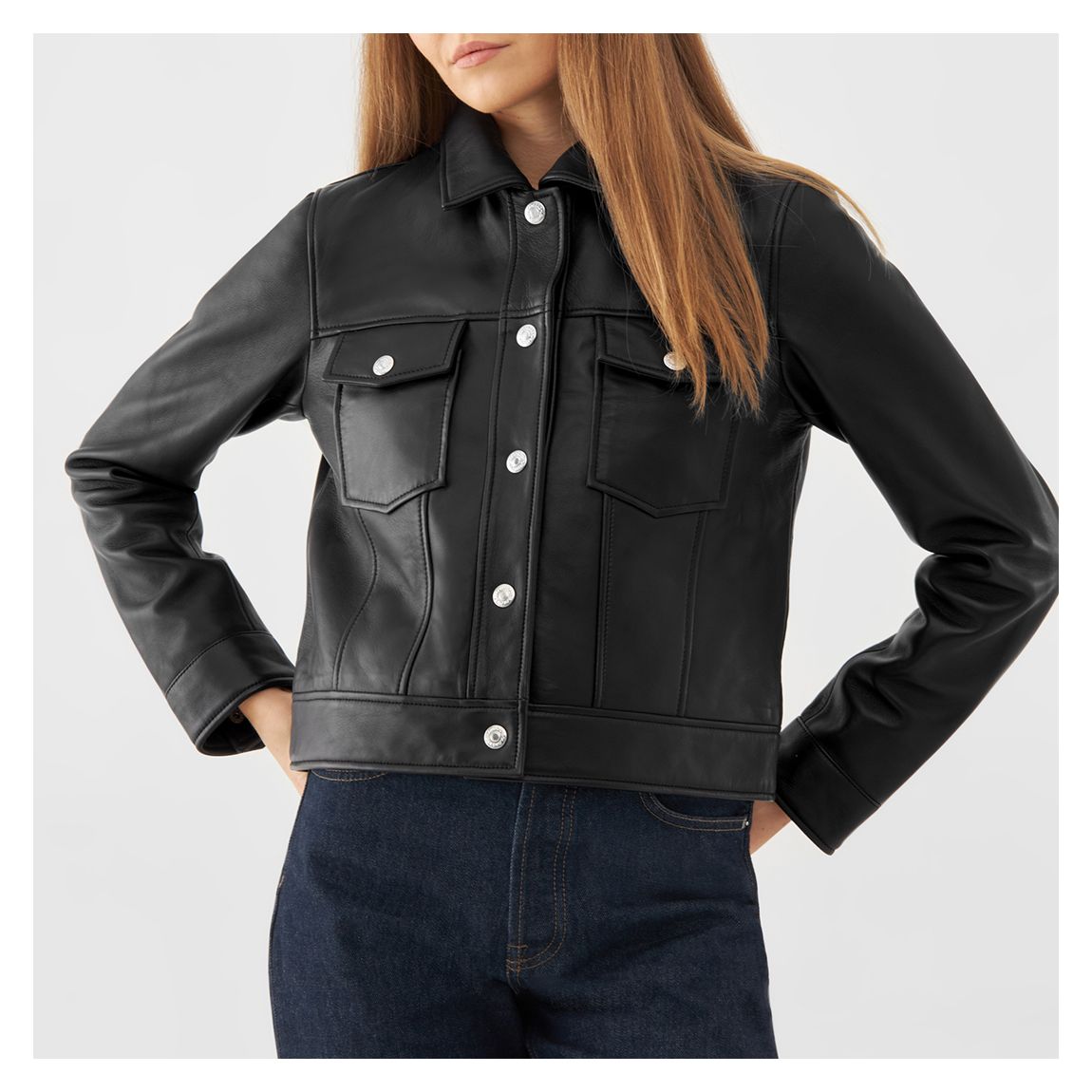 Black Trucker Leather Jacket main product photo