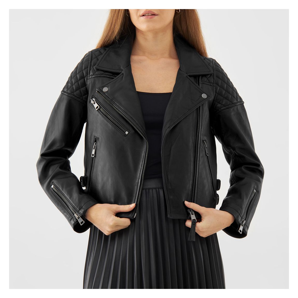 Black Quilted Leather Biker Jacket main product photo