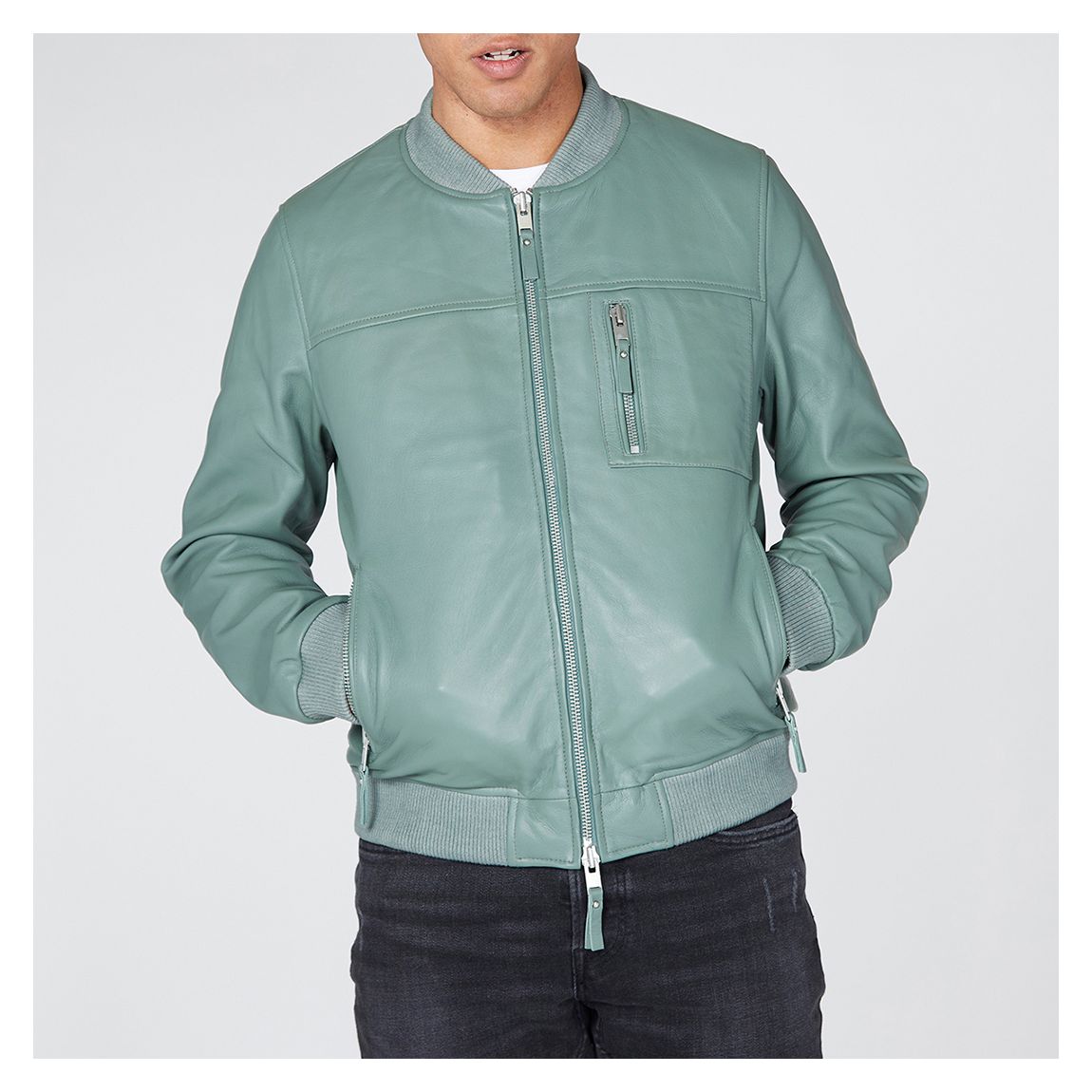 Sage Green Classic Leather Bomber Jacket main product photo