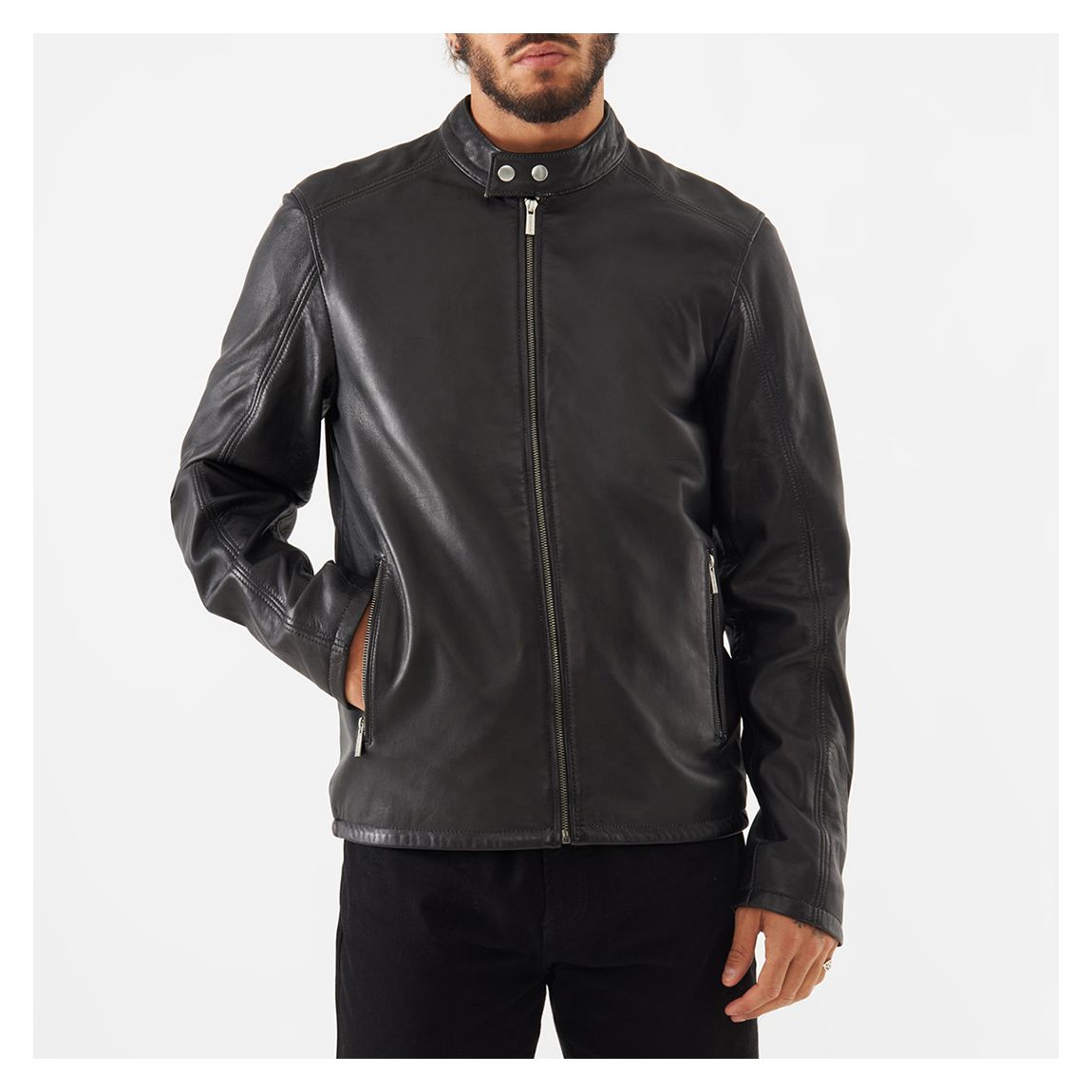 Black Simple Leather Racer Jacket main product photo