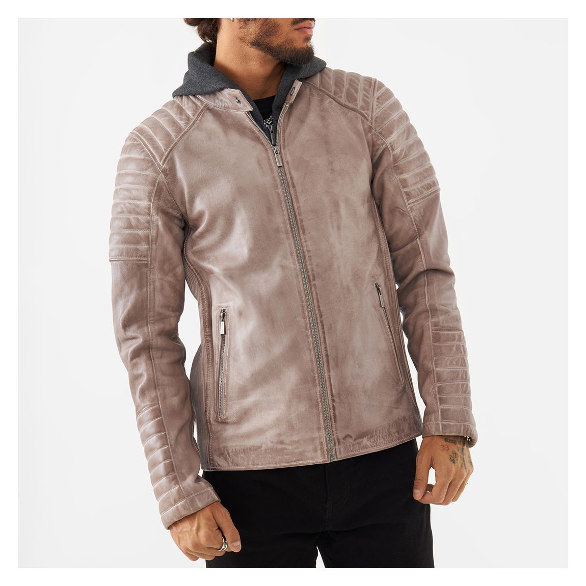 Beige Jonas Hooded Leather Racer Jacket main product photo