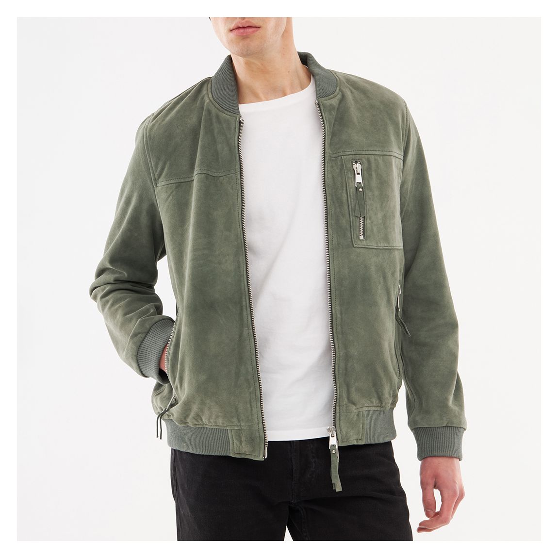 Green Classic Suede Bomber Jacket main product photo