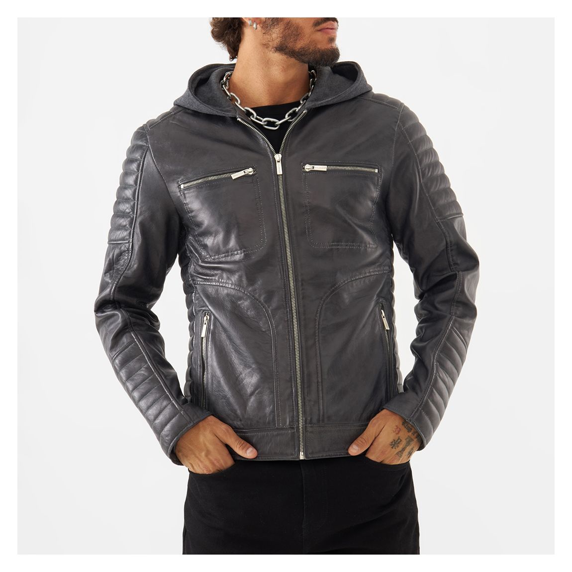 Black Danny Hooded Leather Racer Jacket main product photo