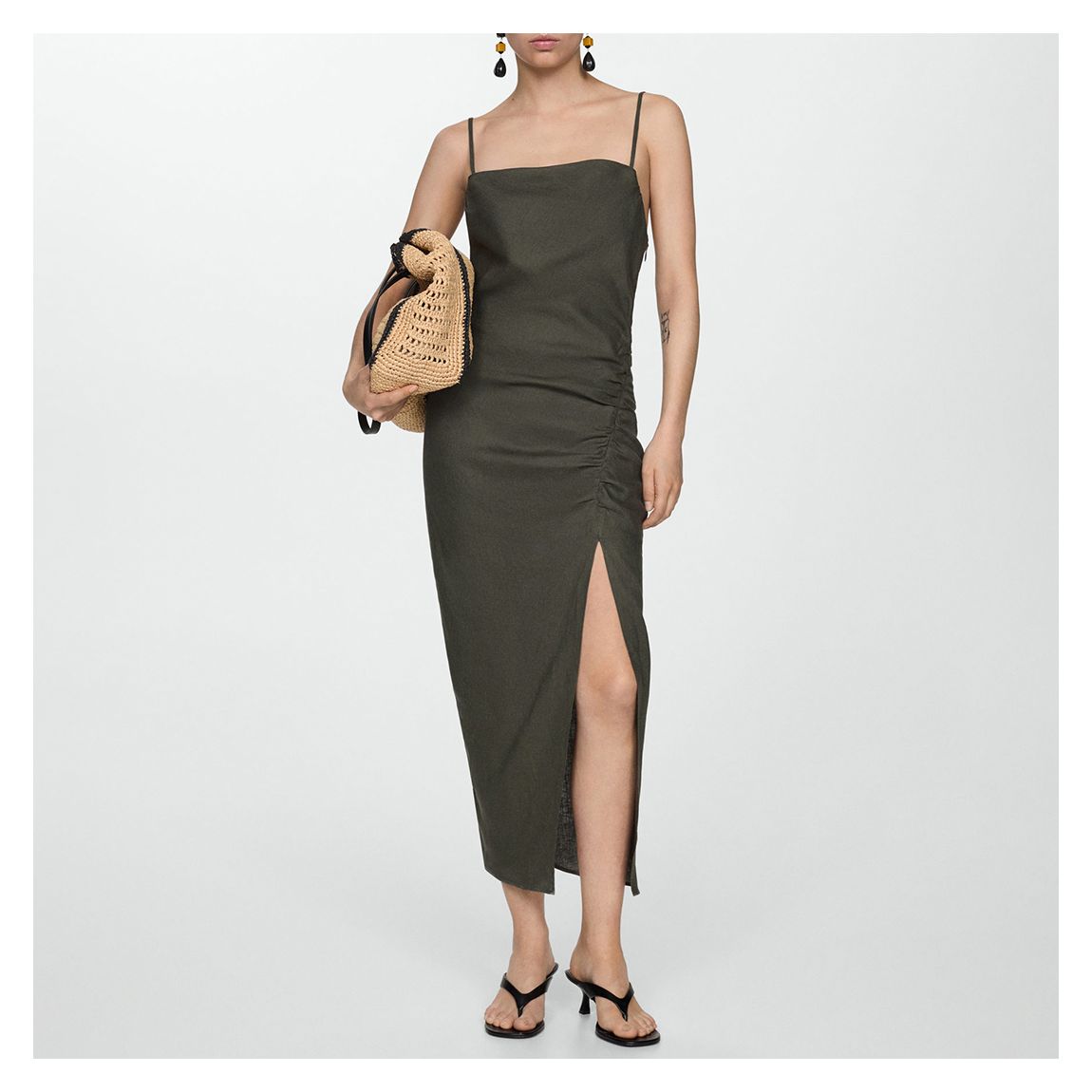 Dark Green Draped Detail Slit Dress main product photo