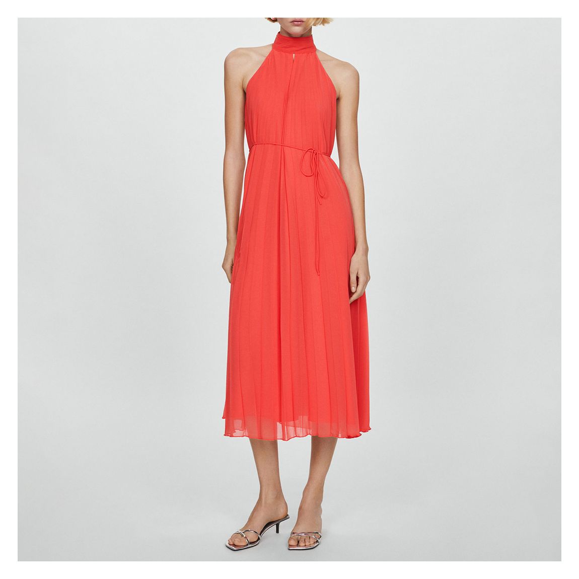 Coral Red Pleated Halter Neck Dress main product photo