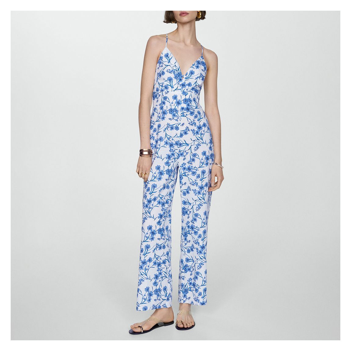 Blue Floral-Print Cotton Jumpsuit main product photo