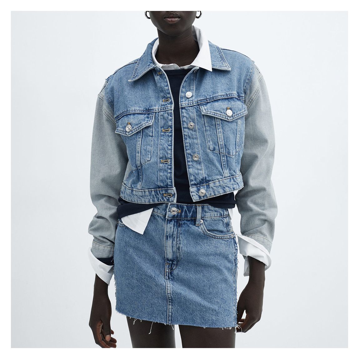 Medium Blue Two-Tone Cropped Denim Jacket main product photo
