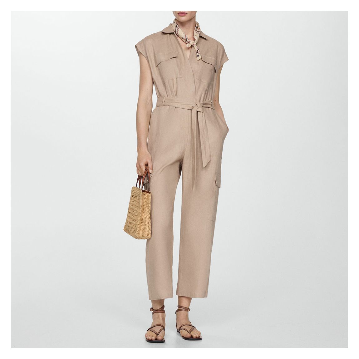 Beige Cargo-Style Linen Jumpsuit main product photo