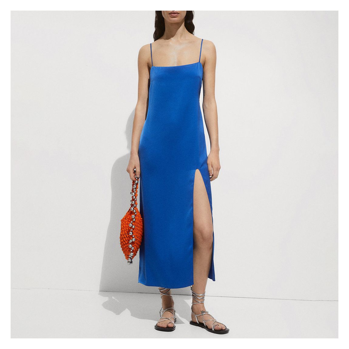 Blue Side-Slit Satin Dress main product photo