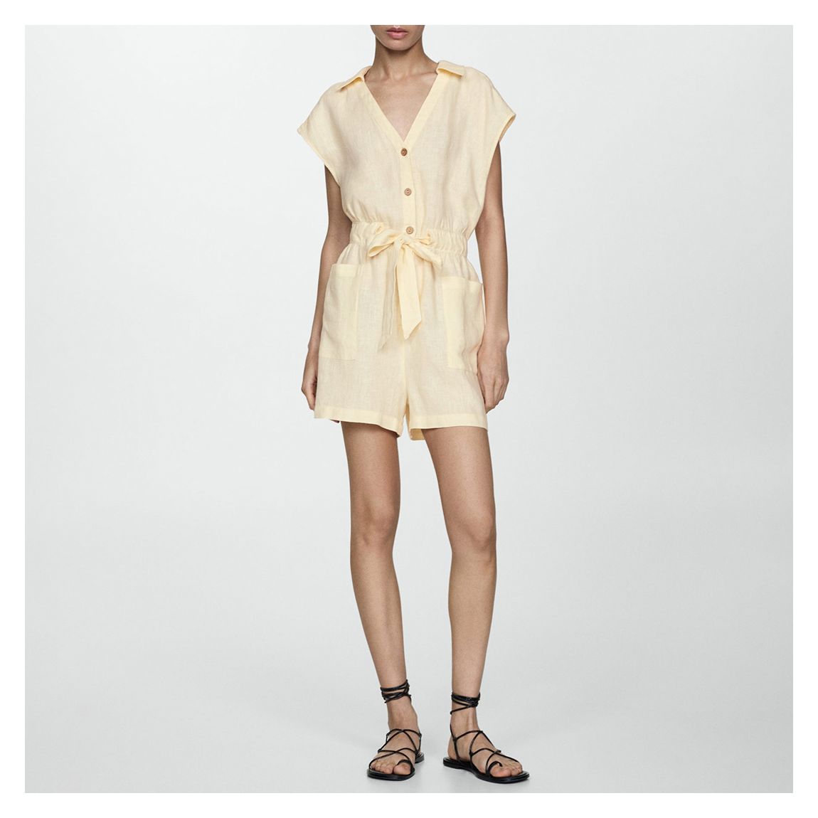 Pastel Yellow Short Linen Jumpsuit main product photo