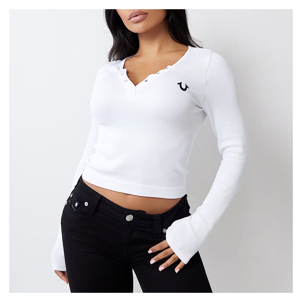 White Buttoned Rib Henley Top main product photo