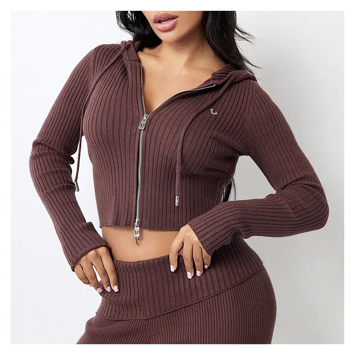Mauve Rib Knit Zip Hoodie main product photo