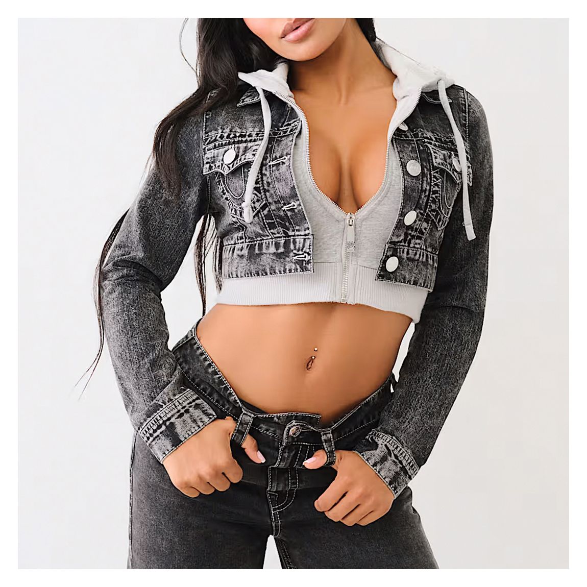 Washed Black Hooded Shrunken Denim Jacket main product photo