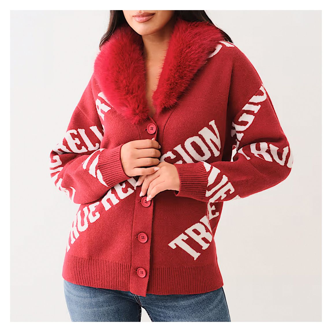 Red Fur Collar Logo Cardigan main product photo