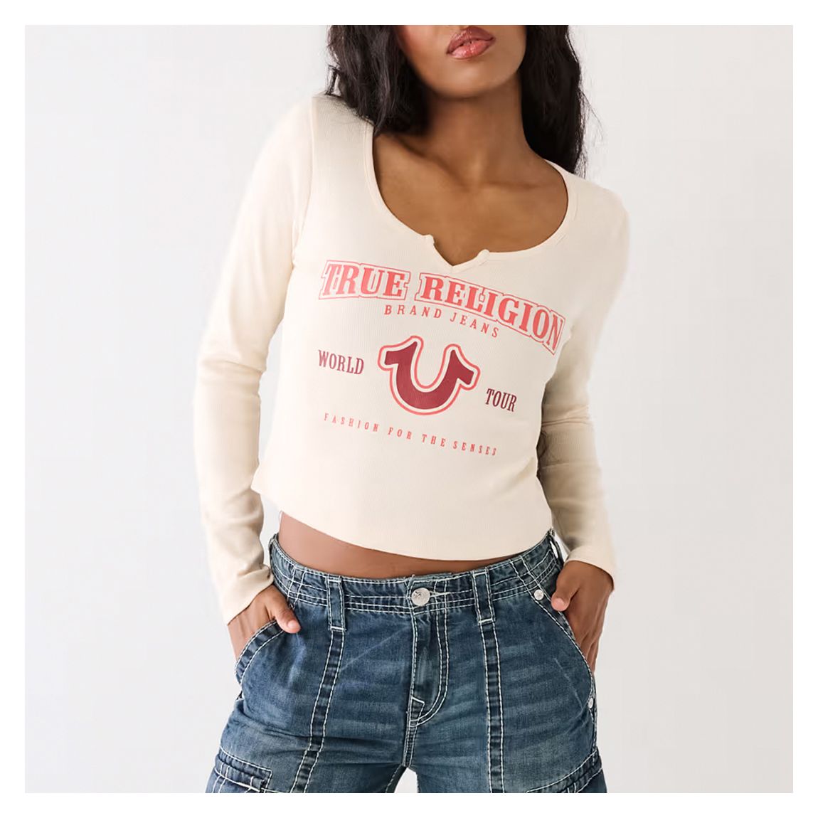 White Ribbed Notch Long Sleeve Top main product photo