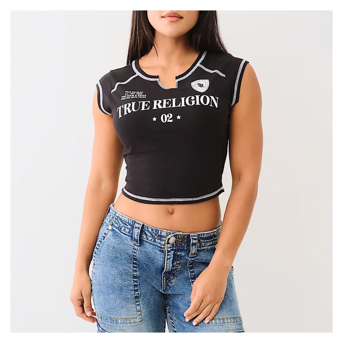 Black Sporty Notched Neck Crop Top main product photo