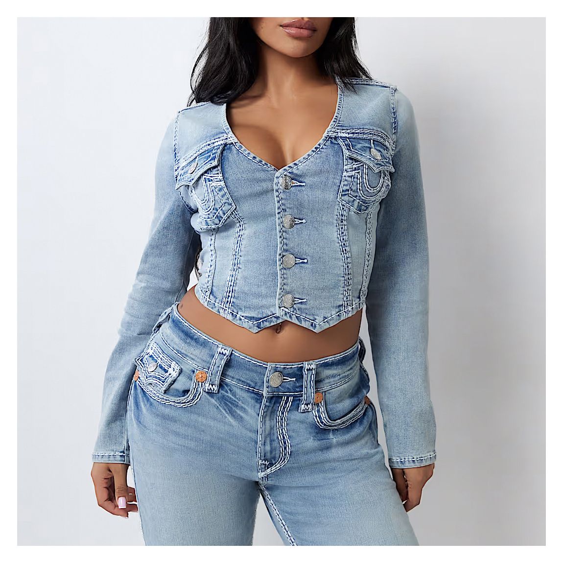 Blue V Neck Buttoned Crop Top main product photo
