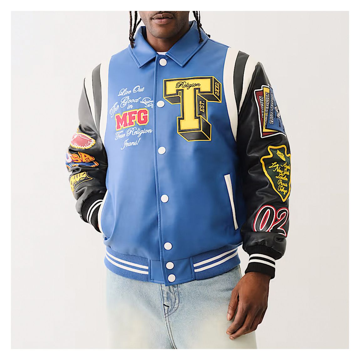 Blue Faux Leather Patch Embroidery Varisty Jacket main product photo