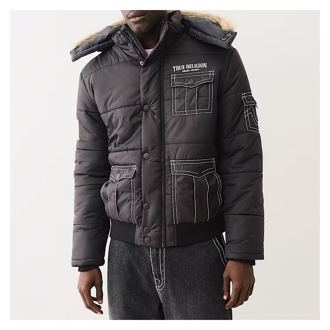 Black Big T Fur Hood Puffer Jacket main product photo