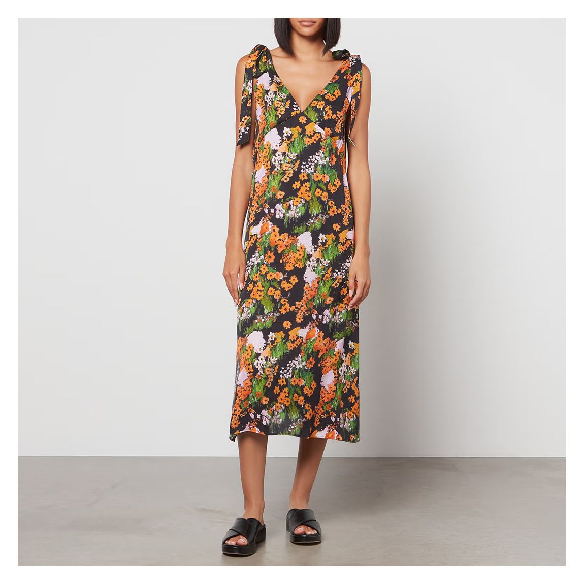 Orange Floral V-Neck Midi Dress main product photo