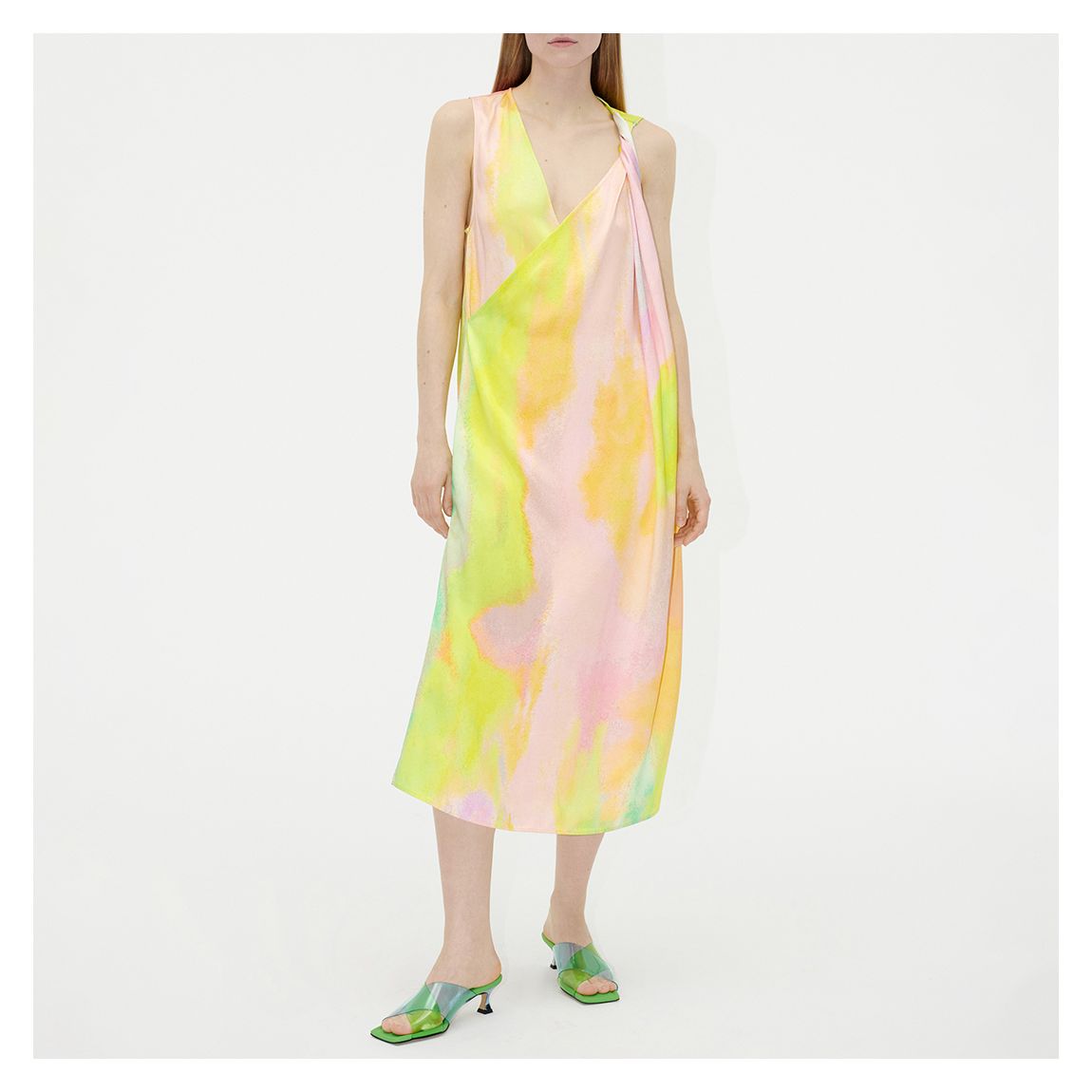 Yellow Printed Satin Drape Midi Dress main product photo