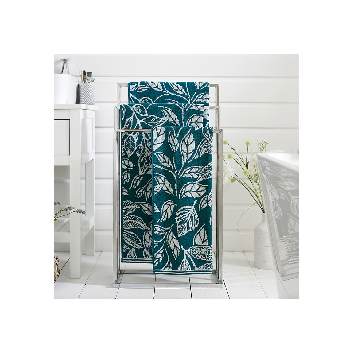 Botanical 100% Cotton Jacquard Soft 550gsm Mixed Leaves Hand Towels Blue main product photo