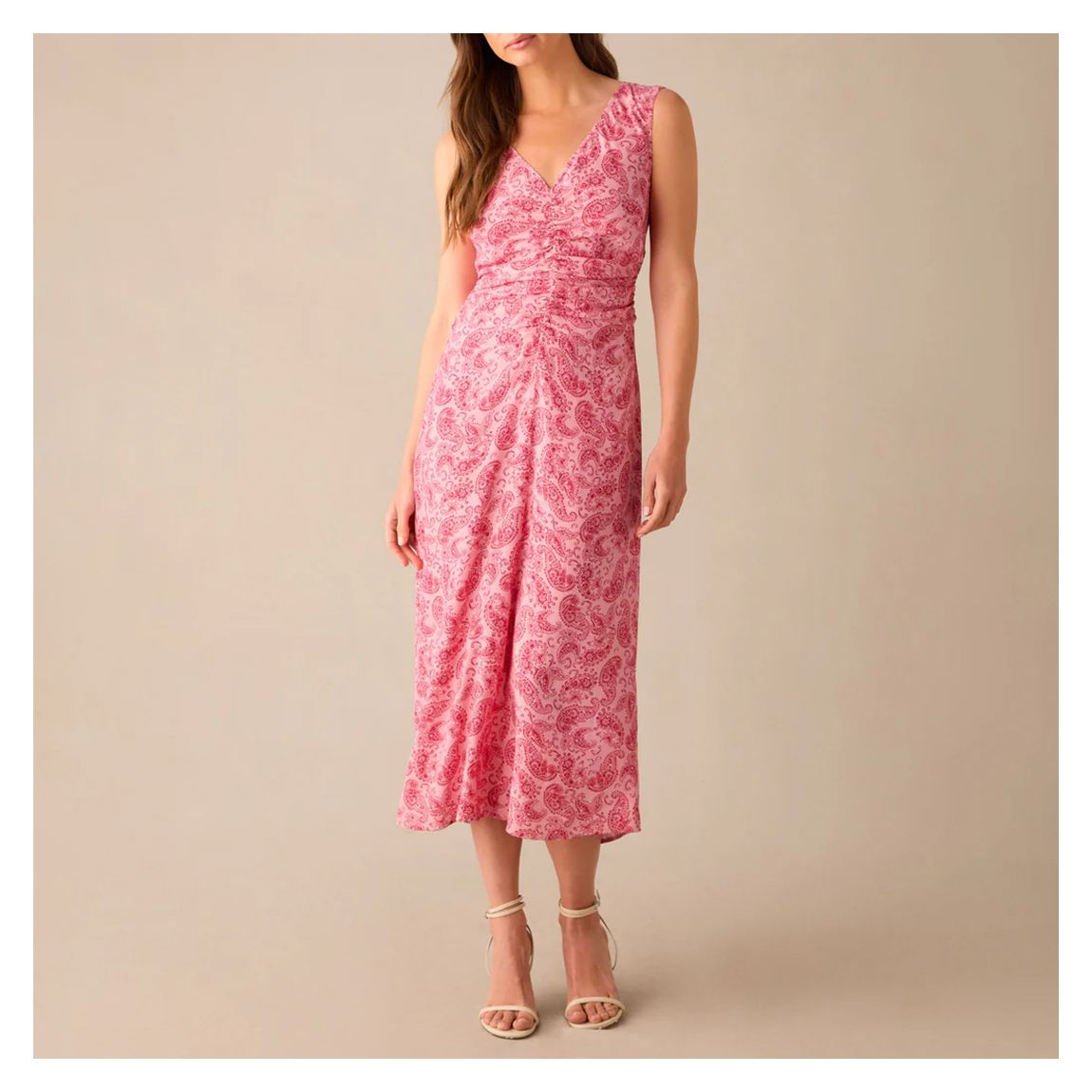 Petite Pink Paisley Ruched Front V-Neck Midi Dress main product photo