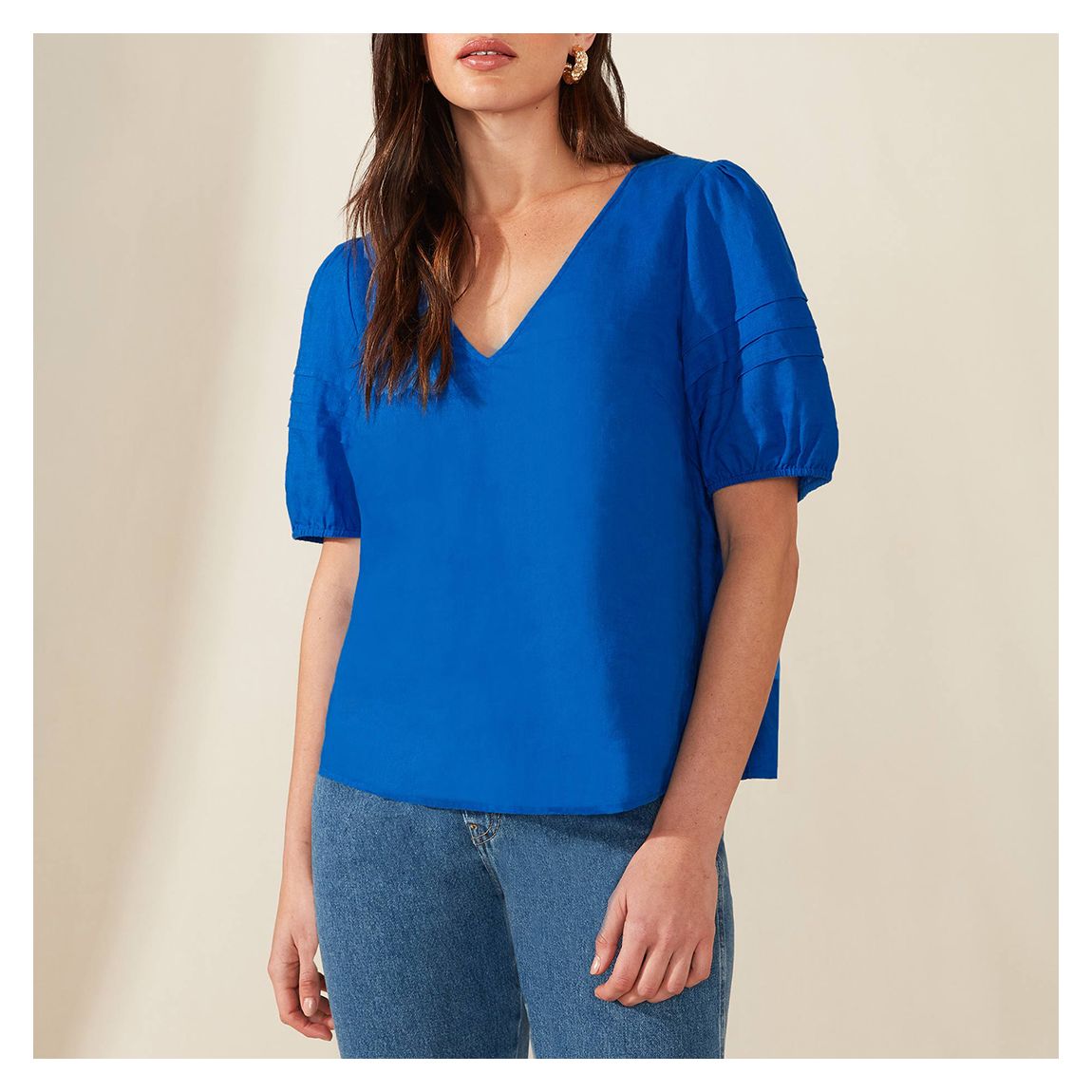 Blue Linen Pintuck Sleeve Blouse main product photo