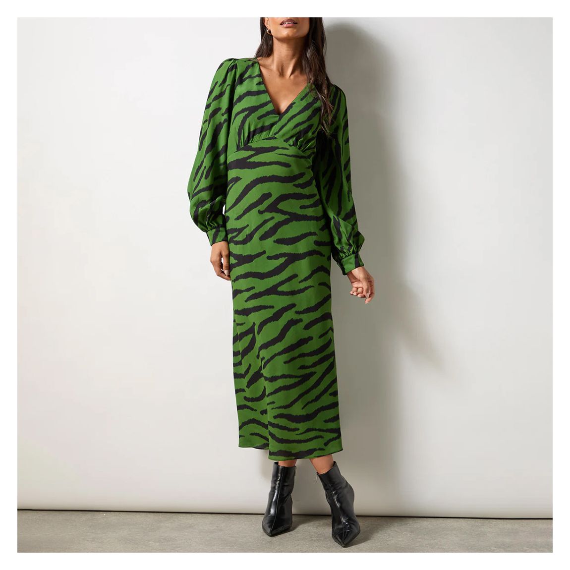 Khaki Zebra Print V-Neck Midi Dress main product photo