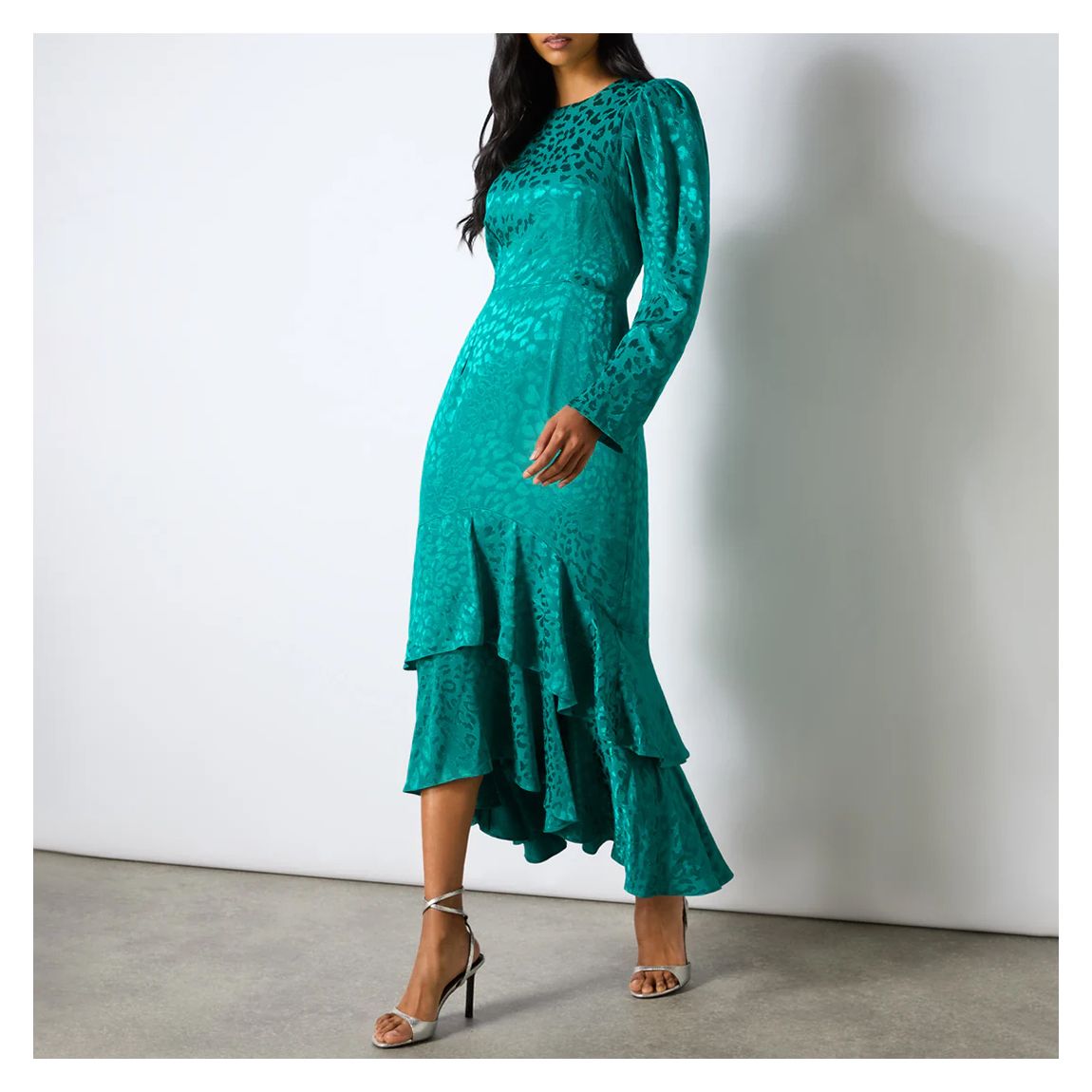Angelina Teal Animal Jacquard Flute Hem Dress main product photo