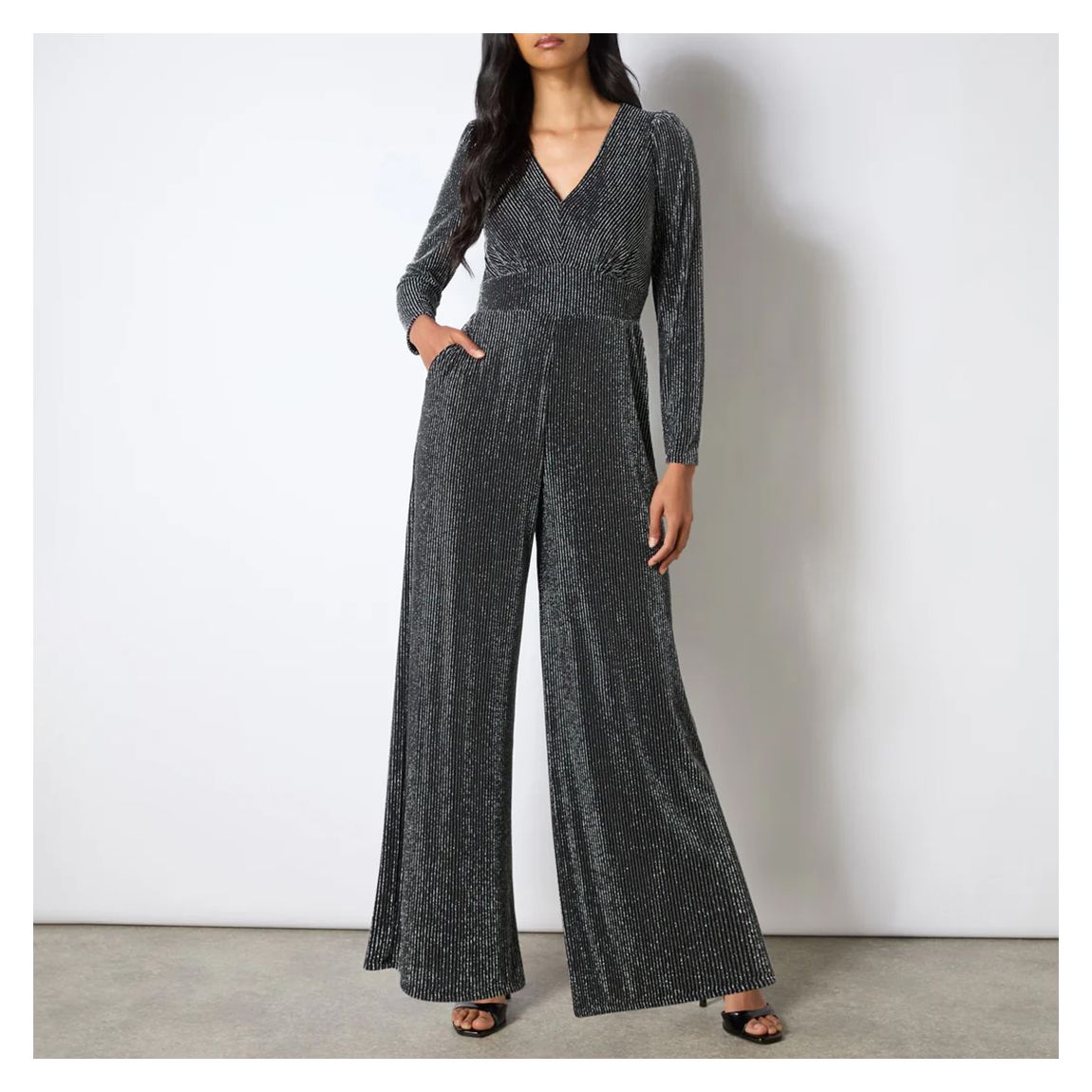 Eliza Silver Sparkle Jersey V-Neck Jumpsuit main product photo