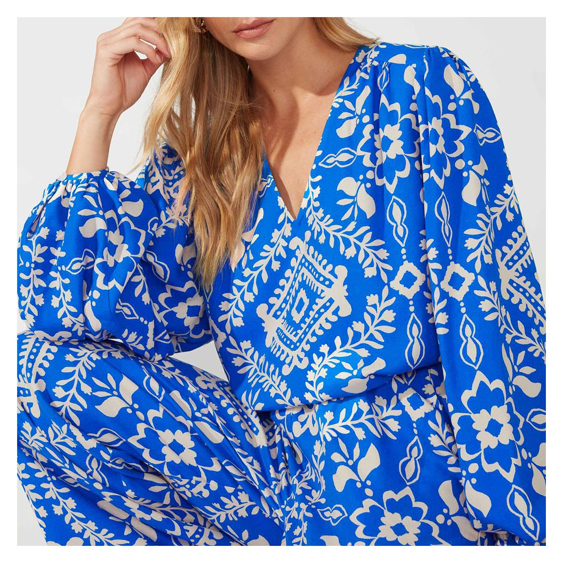 Blue Tile Print Tie Sleeve Top main product photo