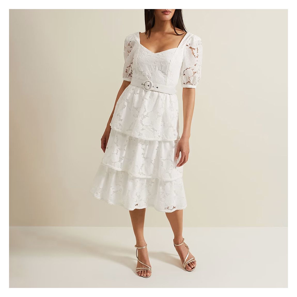 White Elyse Lace Tiered Midi Dress main product photo