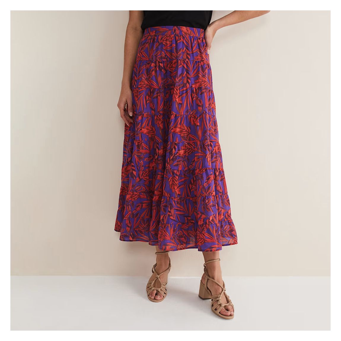 Multi Eloraina Leaf Print Tiered Maxi Skirt main product photo