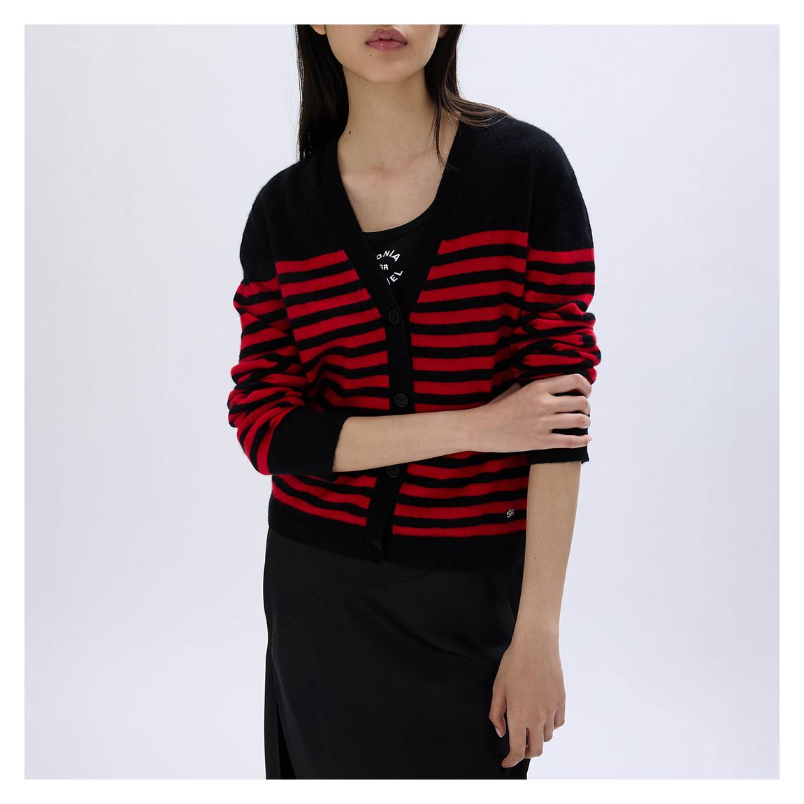 Black/Red Striped V-Neck Cashmere Cardigan main product photo