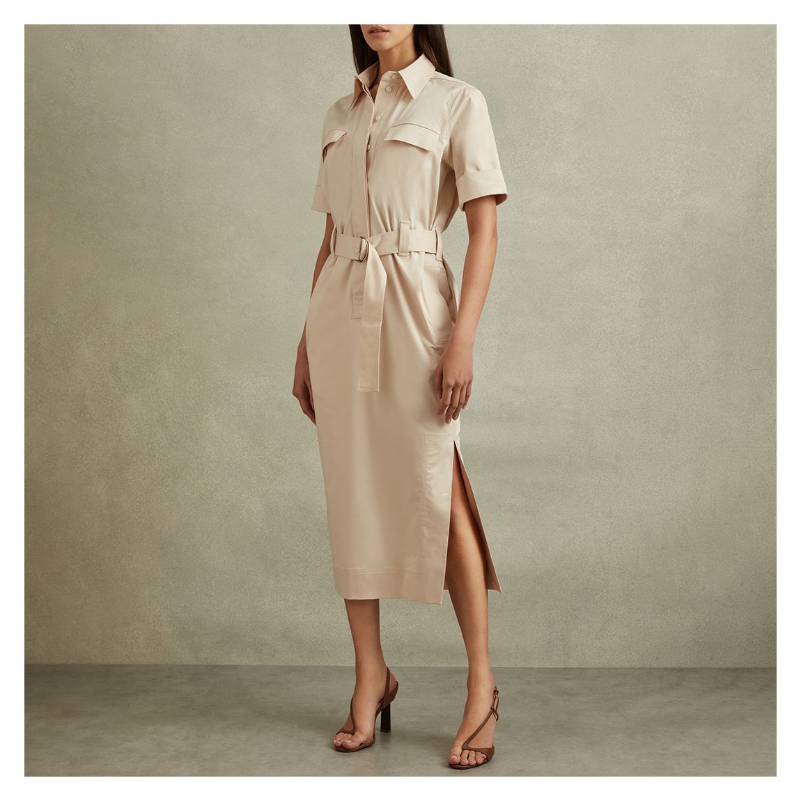 Stone Cotton Blend Utility Belted Midi Dress main product photo
