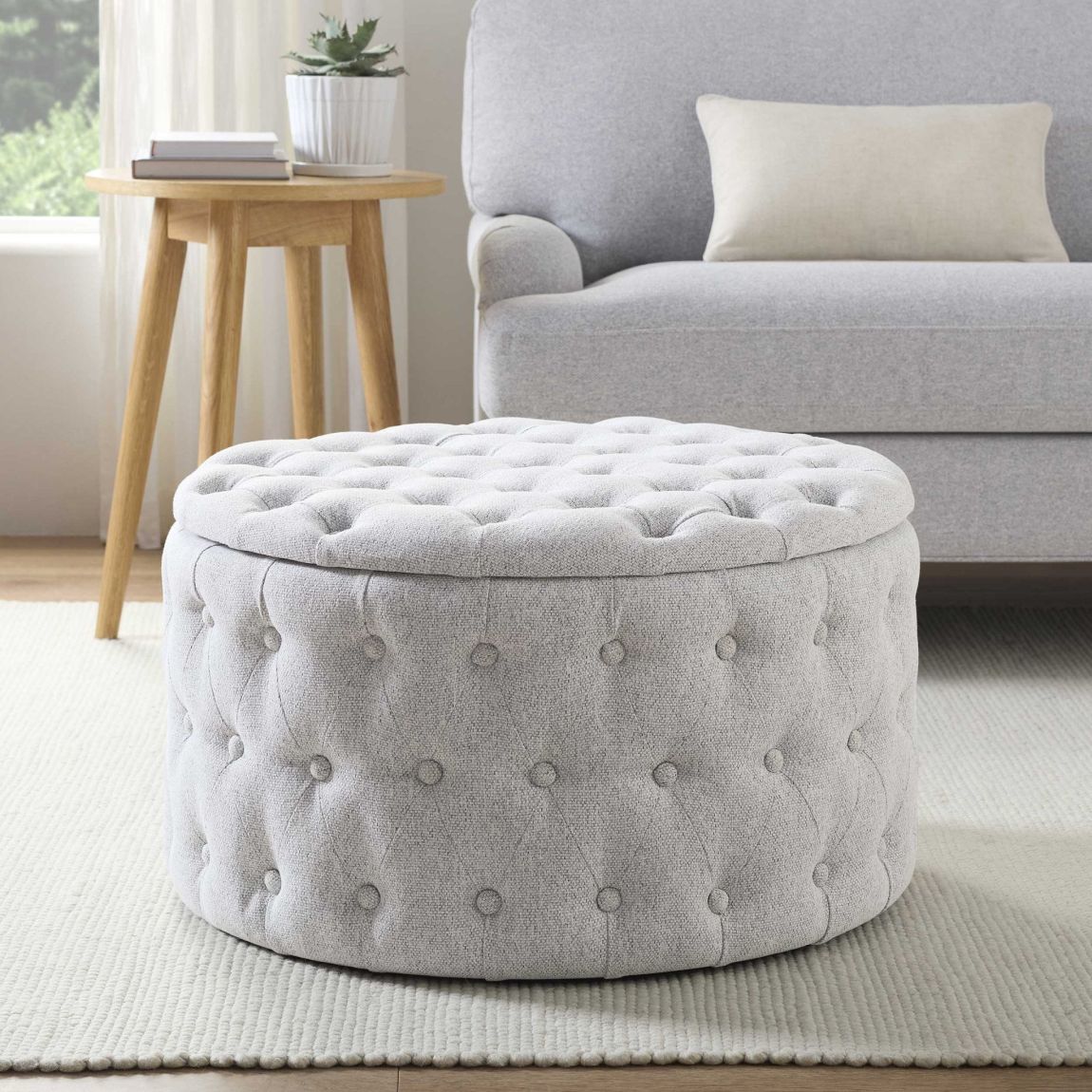 Paisley Buttoned Round Storage Pouffe - Light Grey main product photo