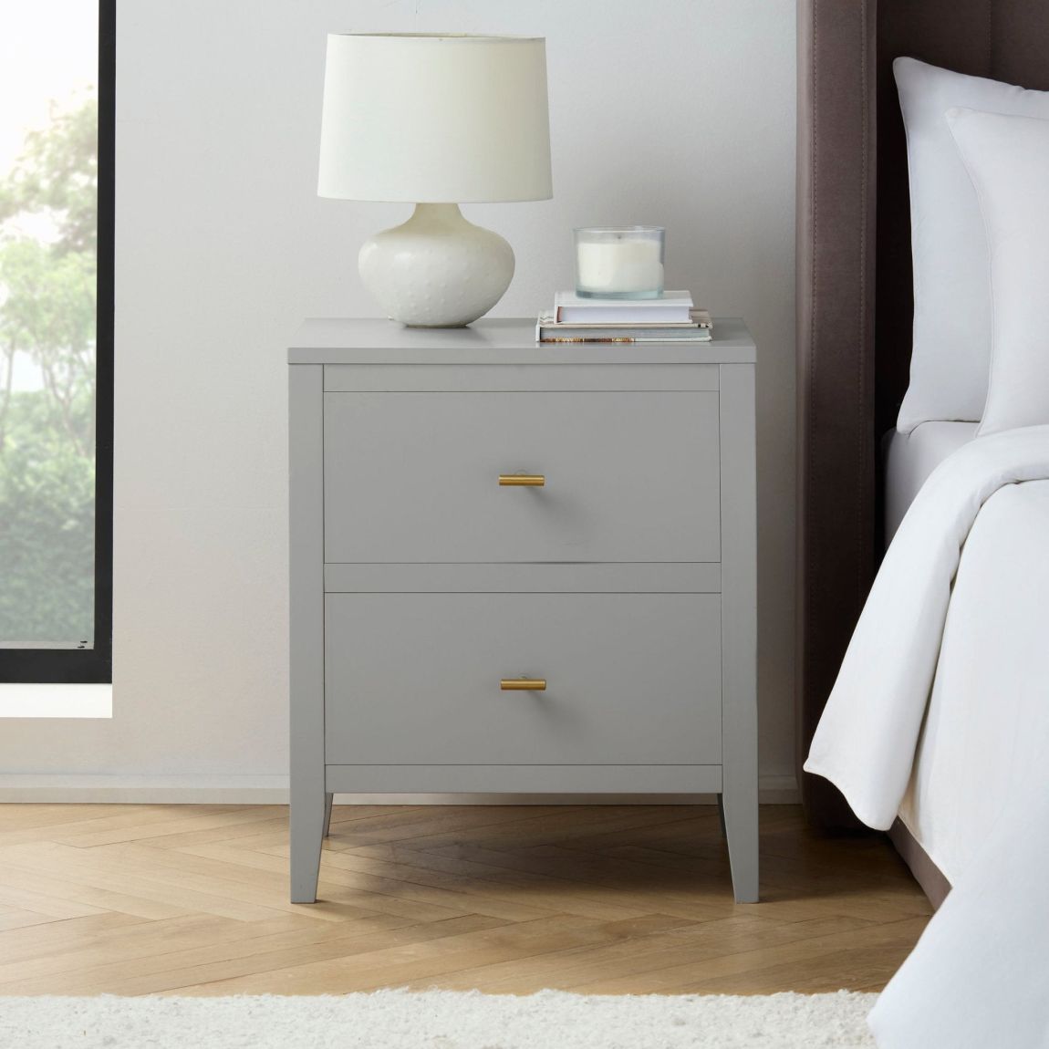 Poppy 2 Drawer Bedside Table - Grey - Brushed Gold Handle main product photo