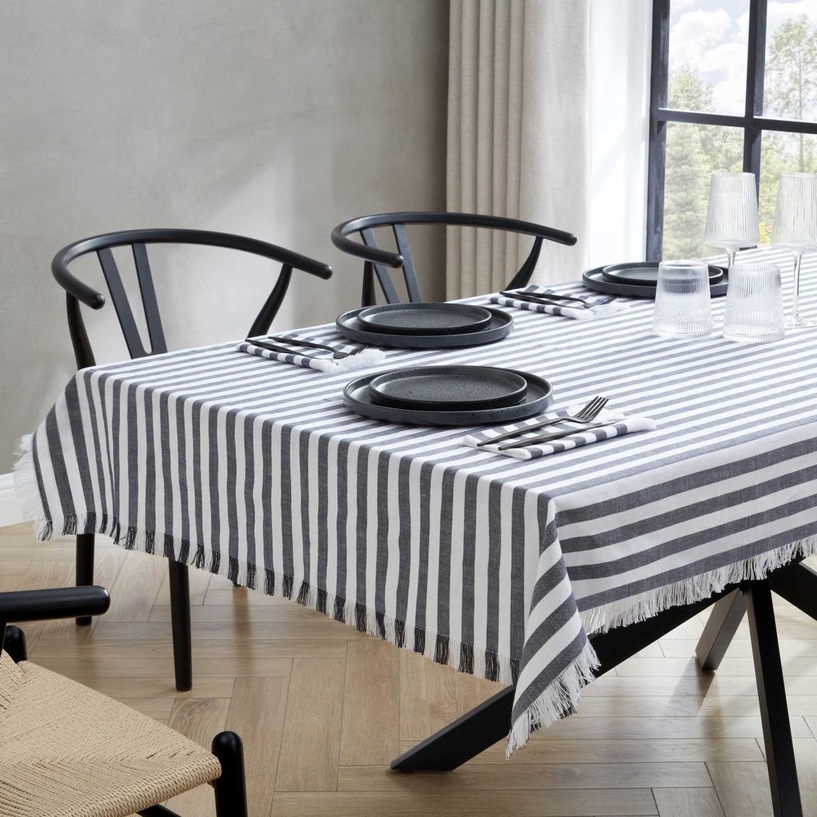 Stripe Fringed Edge Table Cloth - Navy main product photo