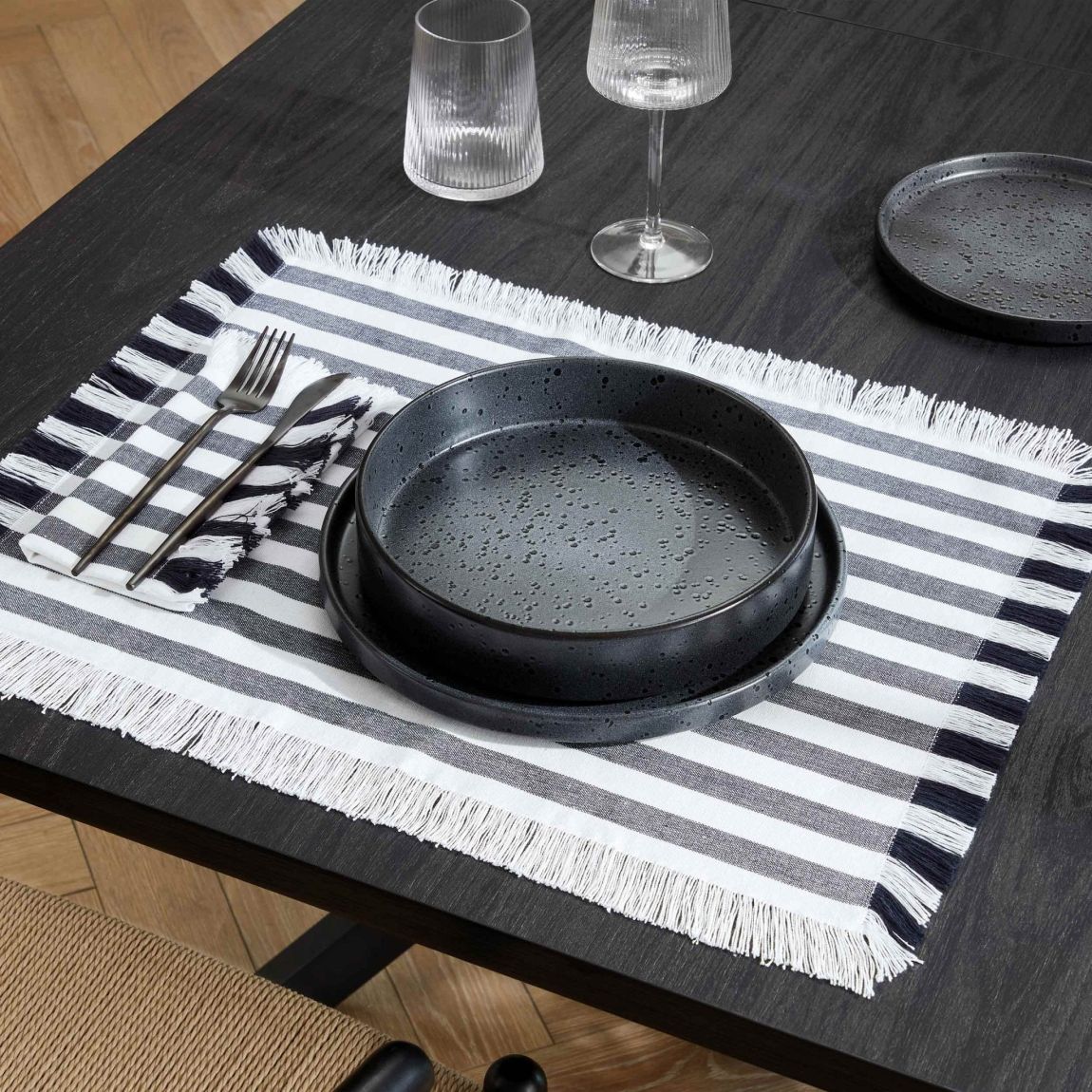 Stripe Set of 4 Fringed Edge Placemats - Navy main product photo
