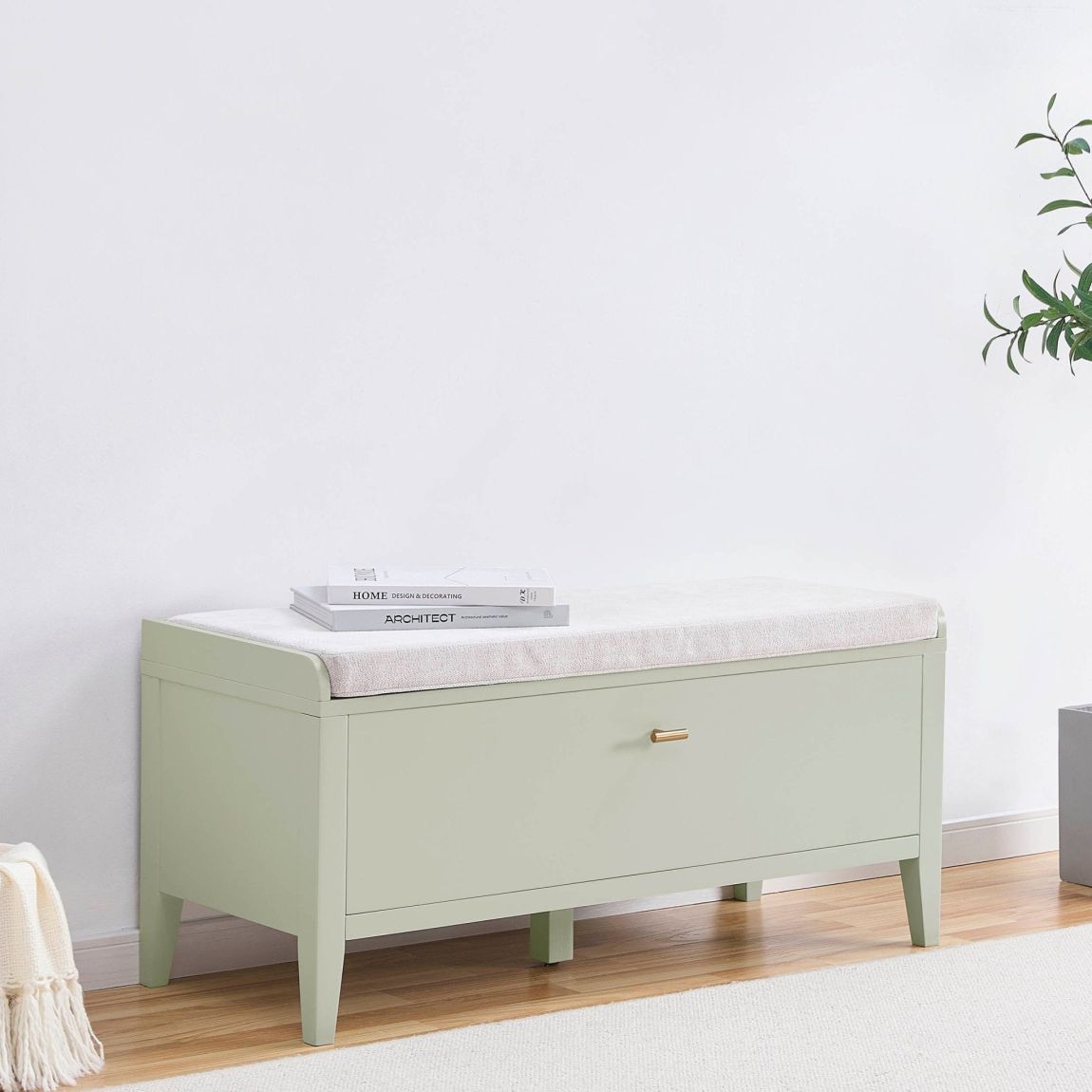 Poppy Storage Cabinet With Seat - Sage Green - Brushed Gold Handle main product photo