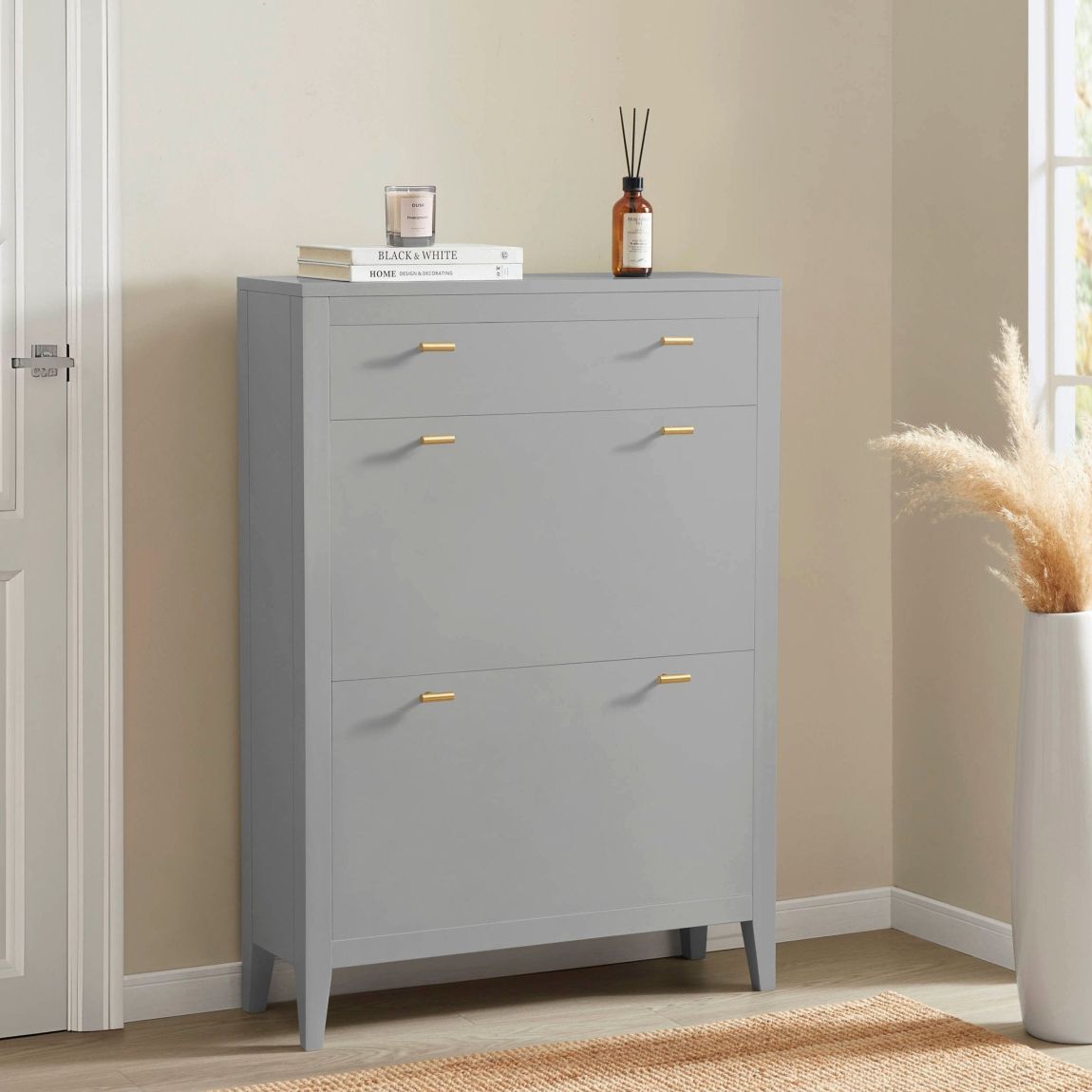 Poppy Shoe Cabinet - Grey - Brushed Gold Handle main product photo