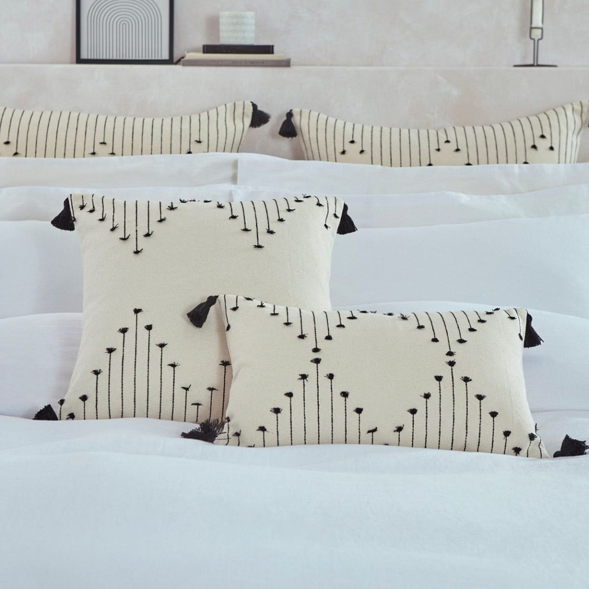 Embroidered Cushion Cover 65cm x 65cm - Natural/Black main product photo