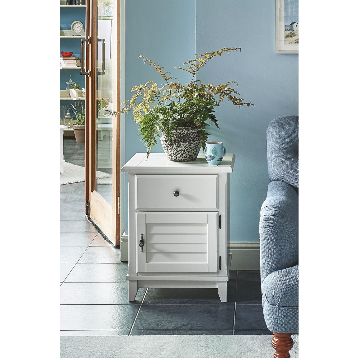 Devon White 1 Door 1 Drawer Louvered Bedside Cabinet R/H main product photo