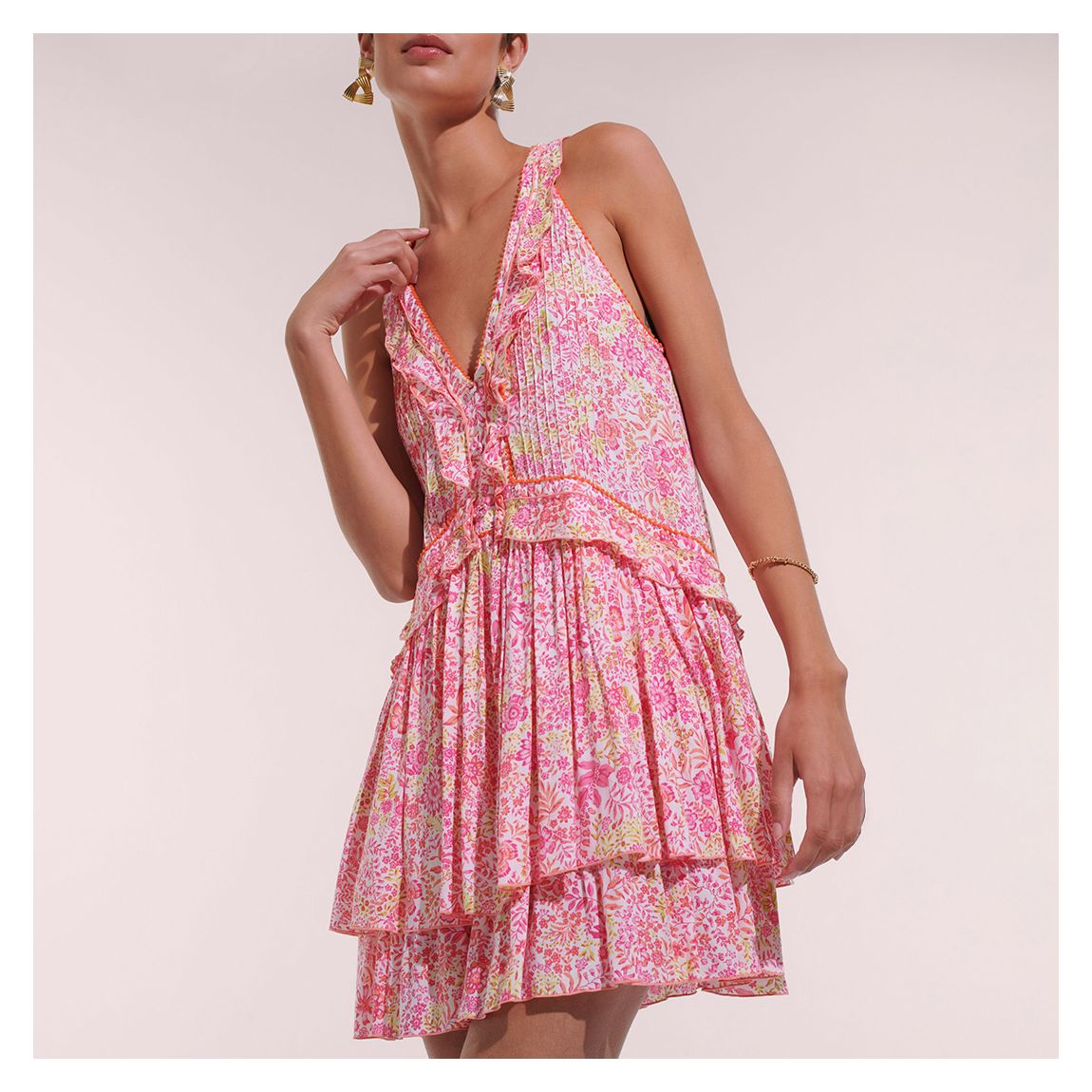 MINI DRESS MAE V WHITE PINK NATURE VISCOSE M main product photo