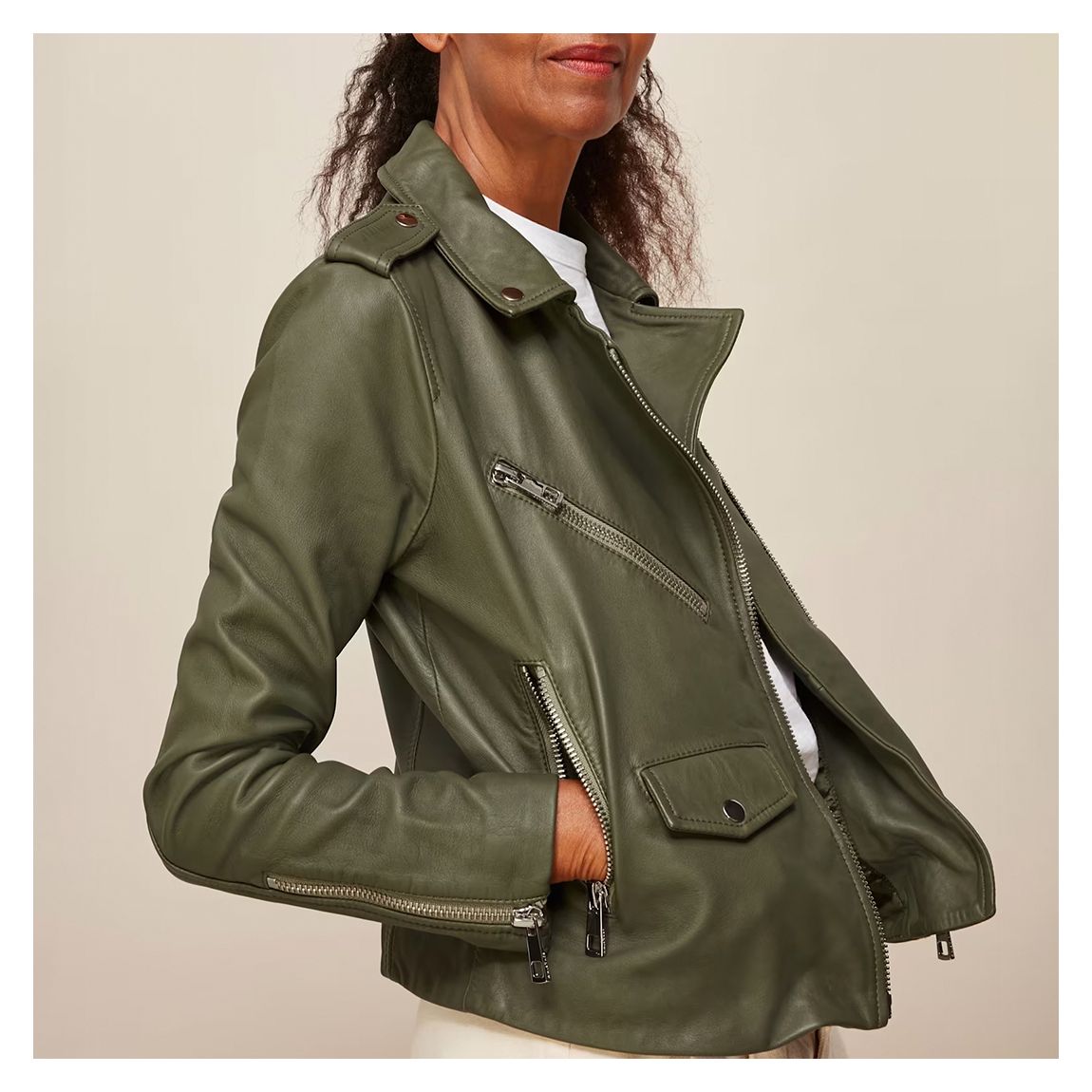 Khaki Green Agnes Pocket Leather Jacket main product photo